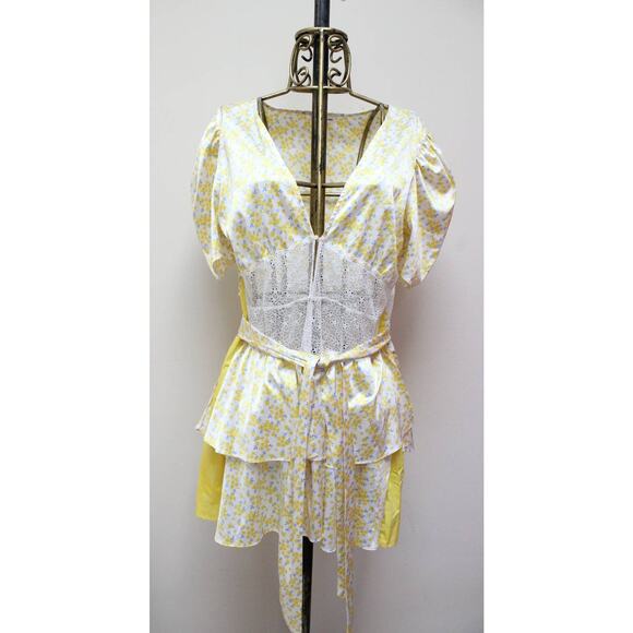 For Love & Lemons Daffodil Yellow Floral Tiered Satin Dress Robe Size XL - Picture 2 of 6